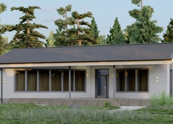 D4649 Проект одноэтажной бани с панорамным остеклением, крытой террасой, спальней