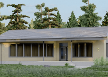 D4654 Проект одноэтажной бани с панорамным остеклением, крытой террасой, спальней
