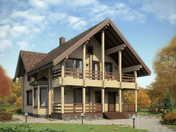 D668 Проект деревянного дома из бруса с мансардой и просторными террасами